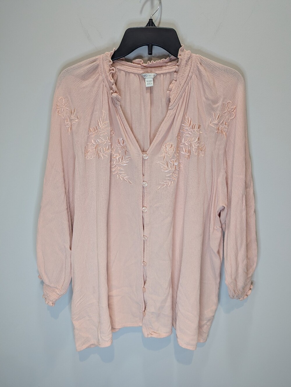 Cato Pink Boho Blouse With Floral Embroidery And Ruffle Neck Button Up Size 18